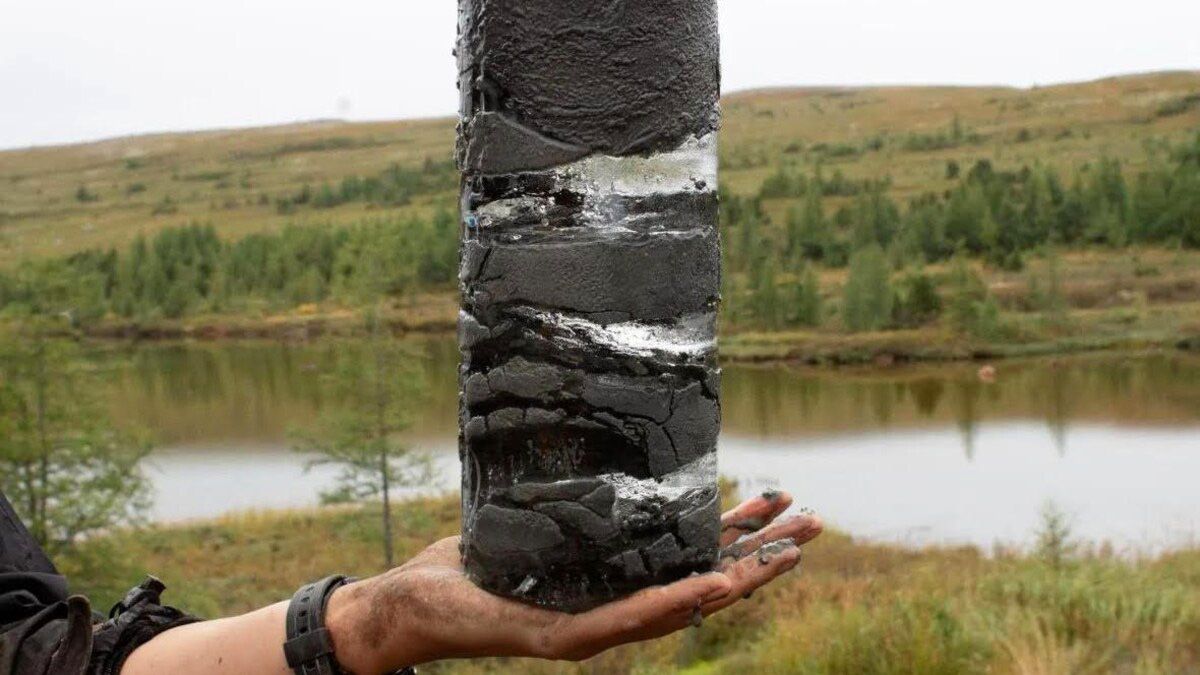 Une carotte de pergélisol avec lentilles de glace à l'intérieur